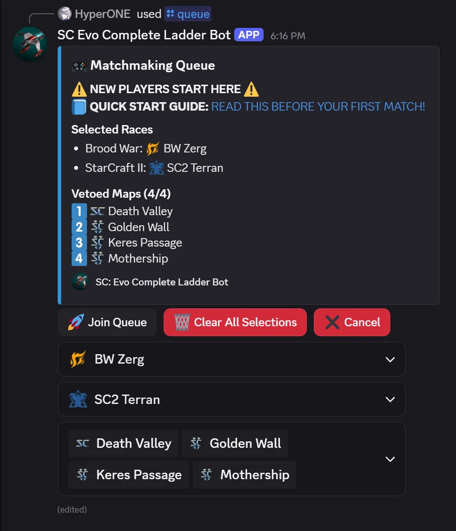 Queue setup with race selection and map veto